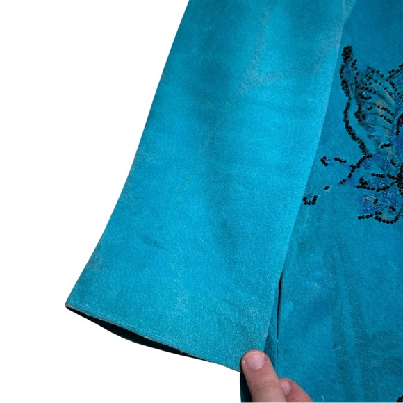 CHICO’S DESIGN‎ SUEDE LEATHER TURQUOISE BUTTERFLY EMBELLISHED JACKET SZ 1 - Picture 7 of 9